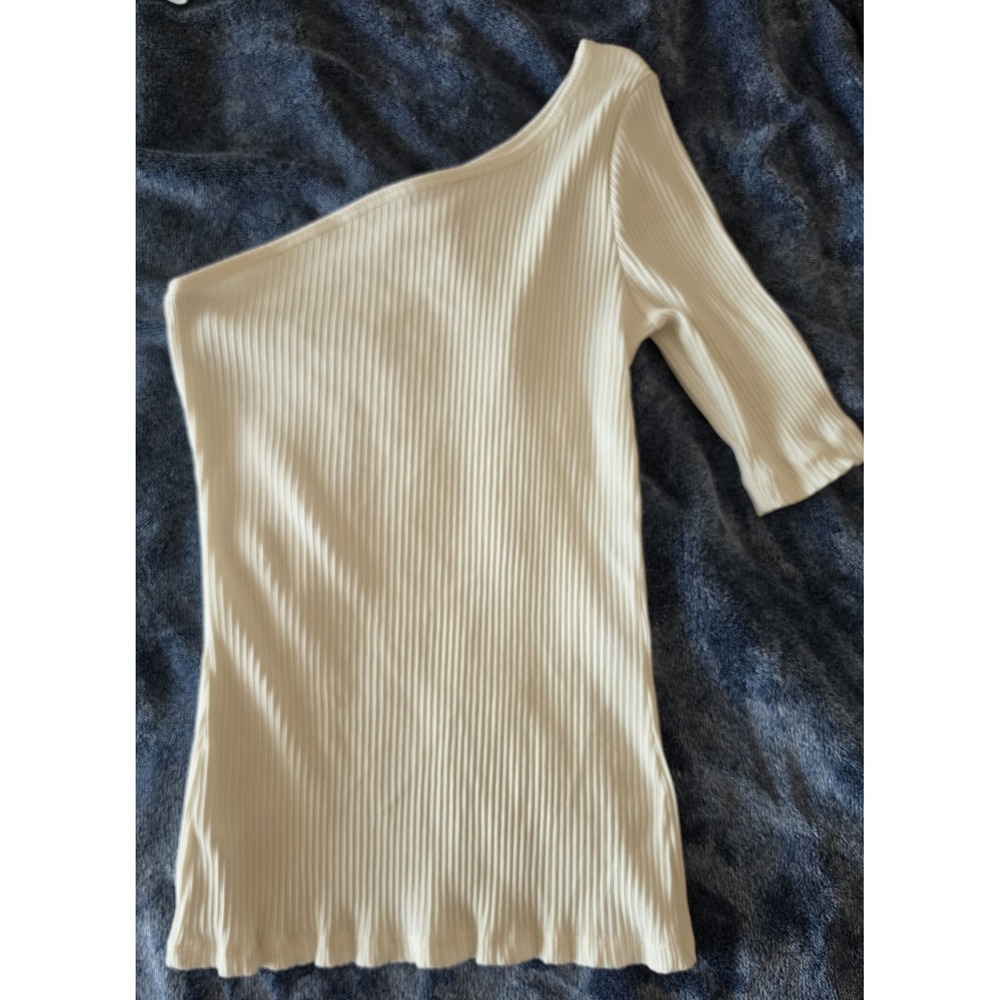 Spanx Women M White Ribbed One Shoulder 3/4 Sleeve Top Blouse Shirt Tunic